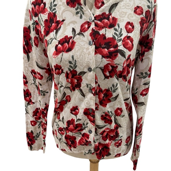 Karen Scott Red and Tan Floral Button Up Cardigan Sweater - Picture 6 of 8